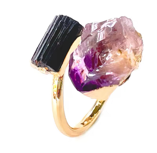 Guldbelagt ring m. Tourmalin & amethyst